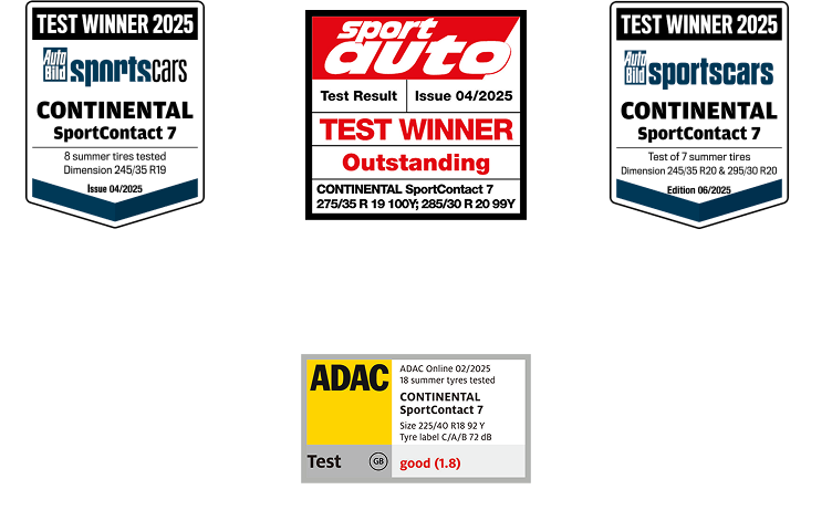 SportContact 7が、複数の自動車専門誌や自動車クラブによるさまざまなタイヤ性能テストで高い評価を獲得したことを示す受賞バッジの一覧。