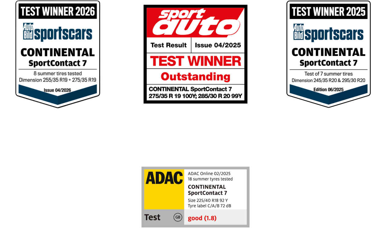 SportContact 7が、複数の自動車専門誌や自動車クラブによるさまざまなタイヤ性能テストで高い評価を獲得したことを示す受賞バッジの一覧。
