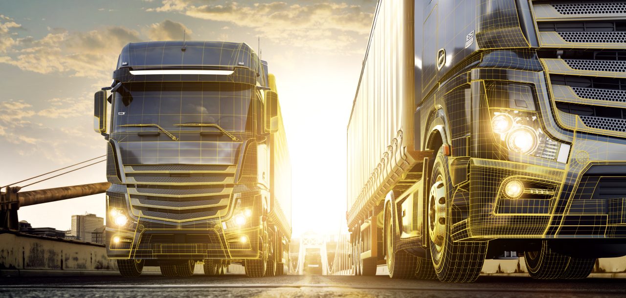 Two trucks deliver containers in a city