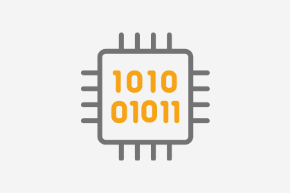 A simple illustration of a microchip with binary code "1010 01011" in yellow on its surface, set against a light gray background.
