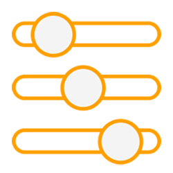 Icon with three horizontal sliders with orange borders and gray circular knobs. 