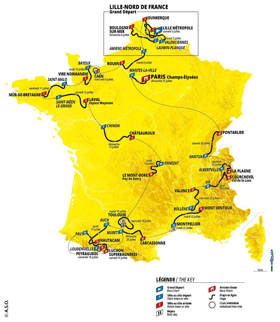 Mapa do percurso do Tour de France 2024