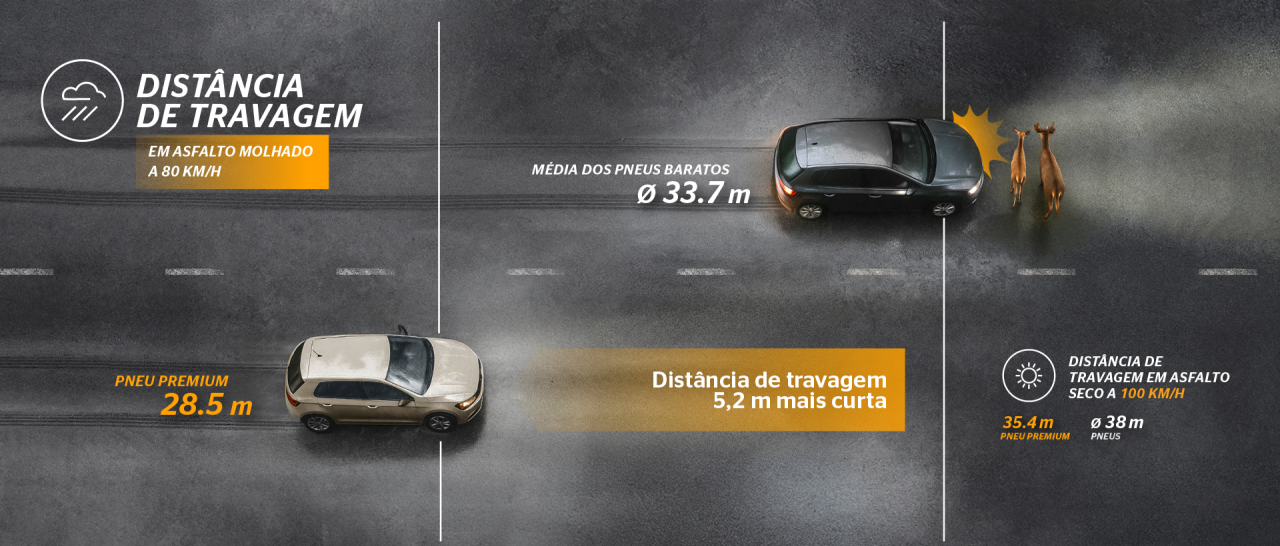 Infografia sobre distância de travagem de pneu premium vs média dos pneus baratos de verão