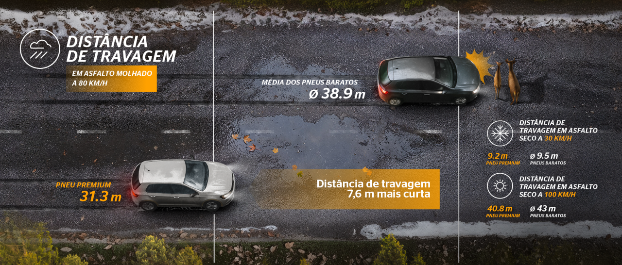 Infografia sobre distância de travagem de pneu premium vs média dos pneus baratos all season