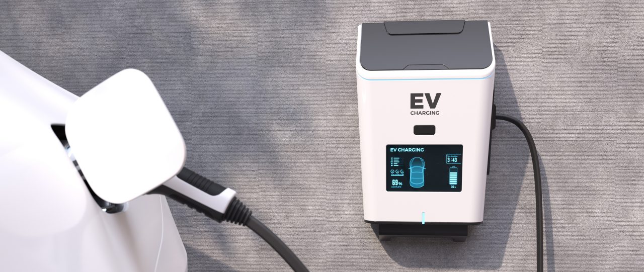 EV Charging Station, Clean energy filling technology, Electric car charging. 3D illustration