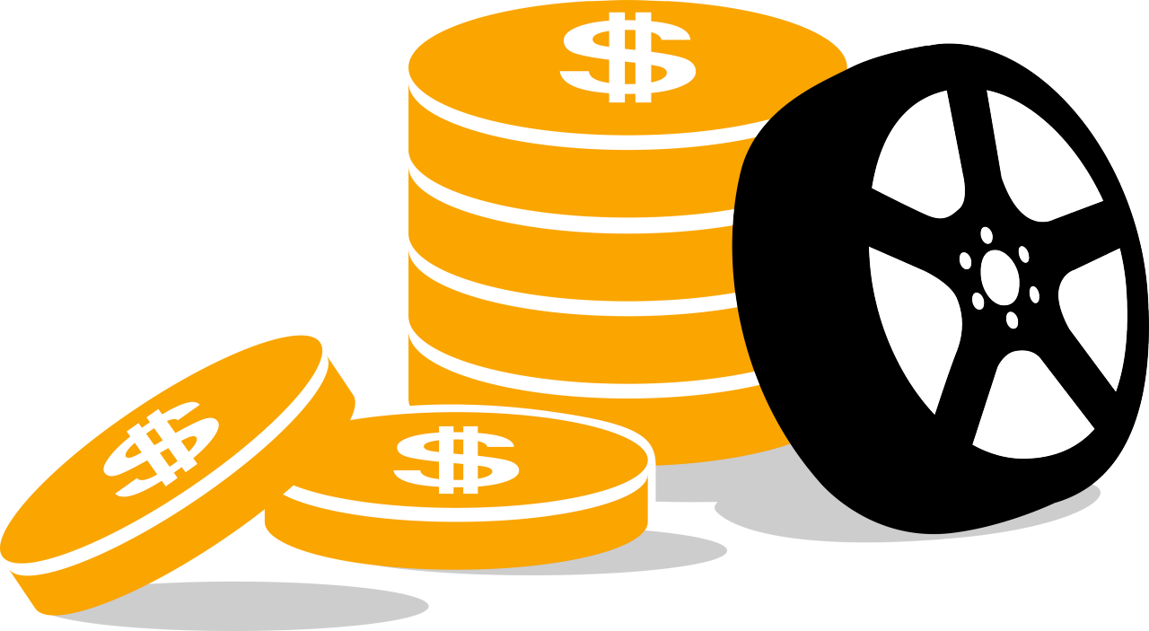 Several coins and a leaning tire.