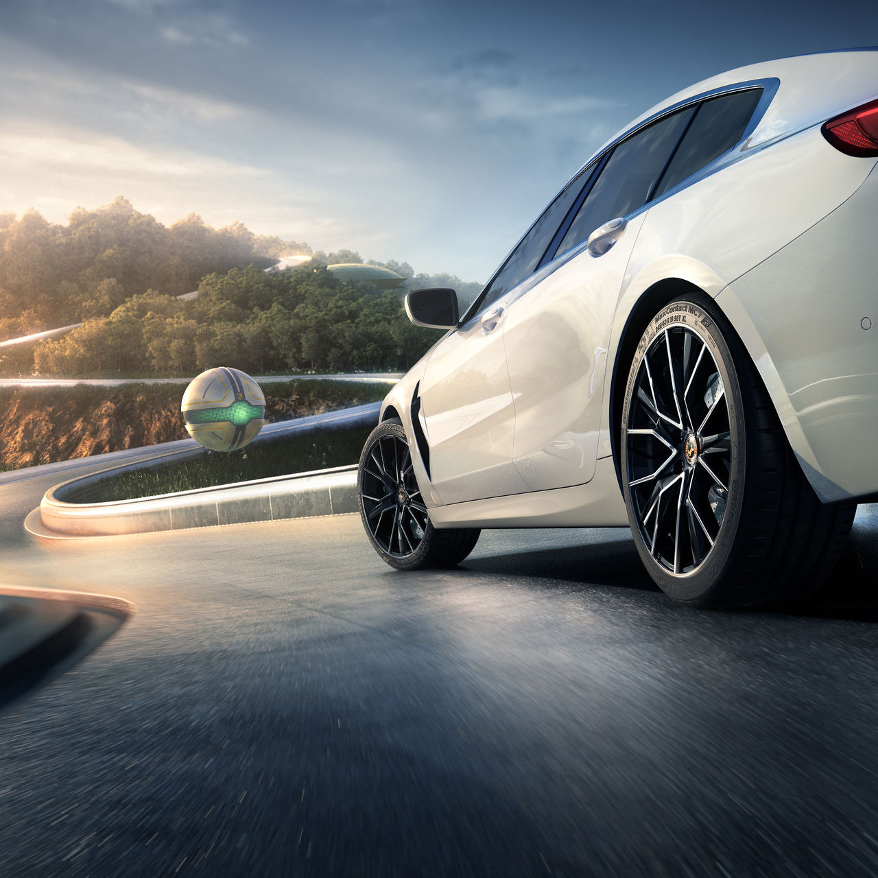 Showing a car equipped the new Sport Contact 7 tire leaving the zone.