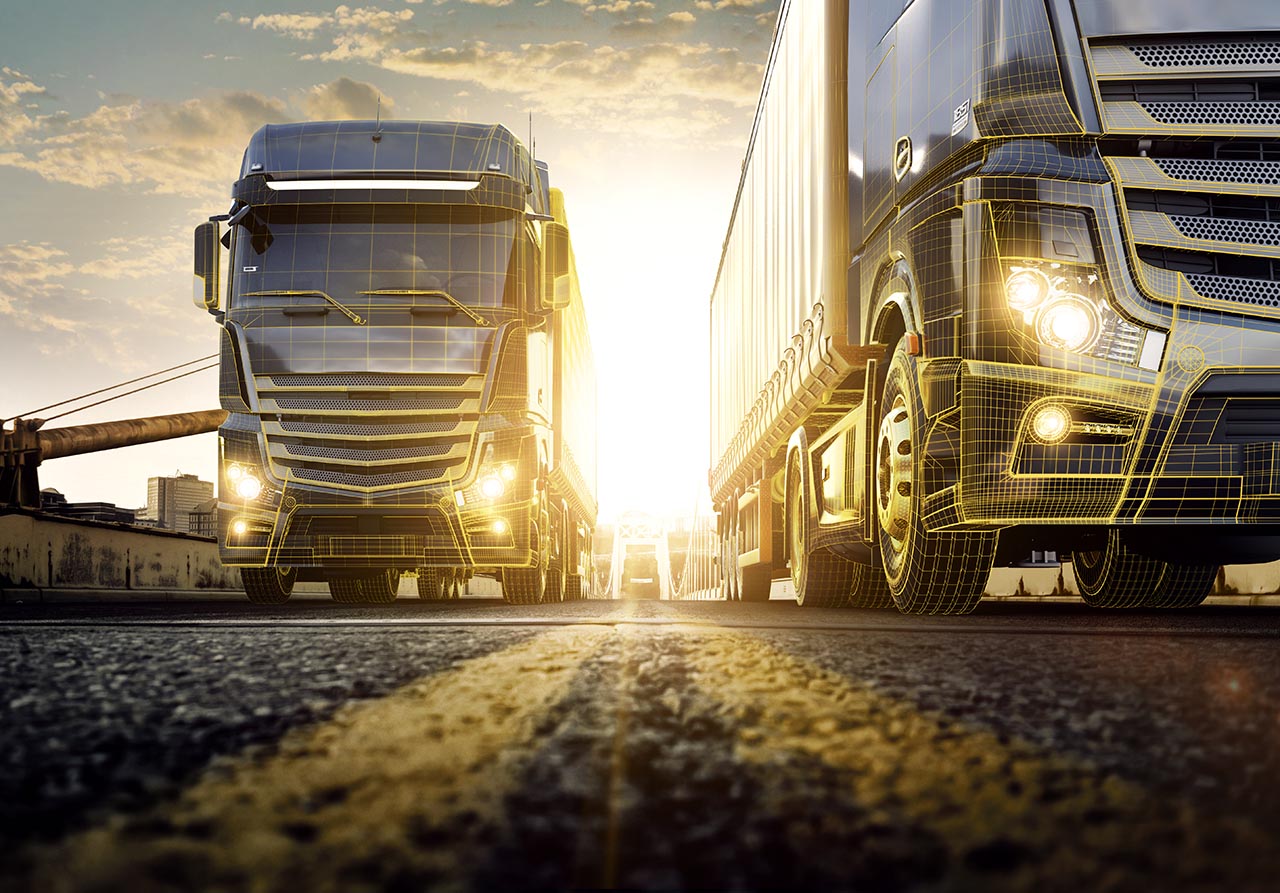 Two trucks deliver containers in a city