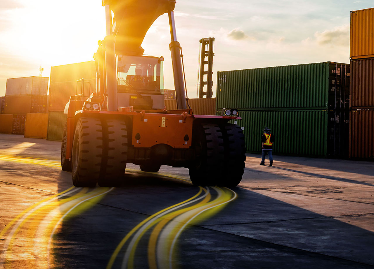 Thailand Laem Chabang Chonburi Industrial logistic forklift truck containers shipping cargo in port at sunset time., Thailand Laem Chabang Chonburi Industrial logistic forklift truc