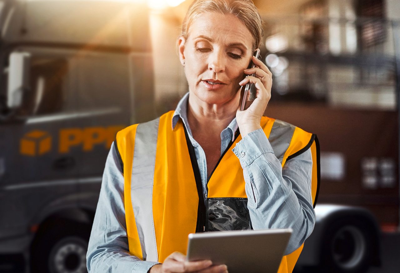 Shot of a mature woman using a mobile phone and digital tablet while working in a warehouse