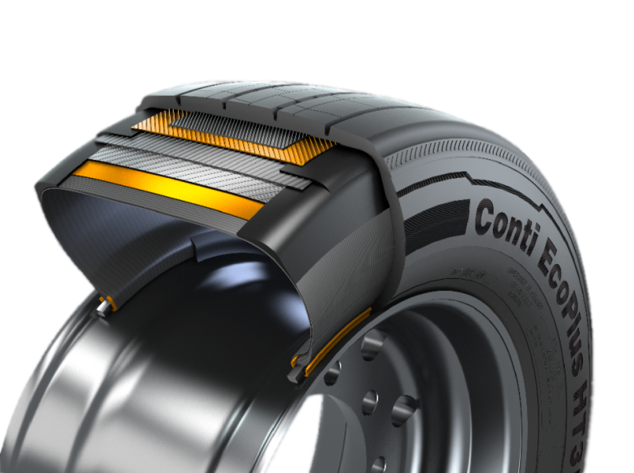 Cutaway view of Continental’s 3G truck tire casing showing layered steel belts and reinforcement for durability and retreadability.