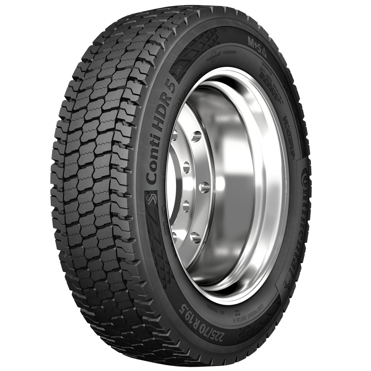 19.5" regional drive tire with an open shoulder tread design, improved rolling resistance, traction, wear and durability.