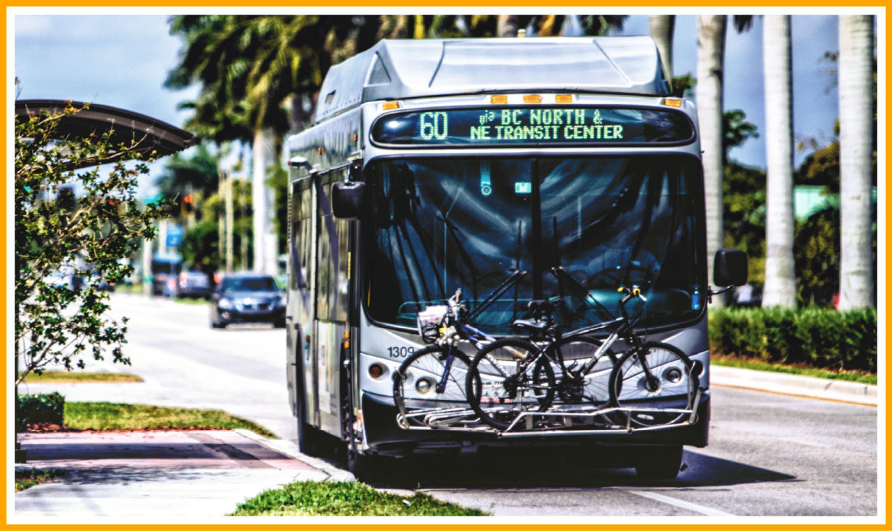 Route 60 bus to BC North & NE Transit Center with two bikes on front rack, palm-lined street in background.