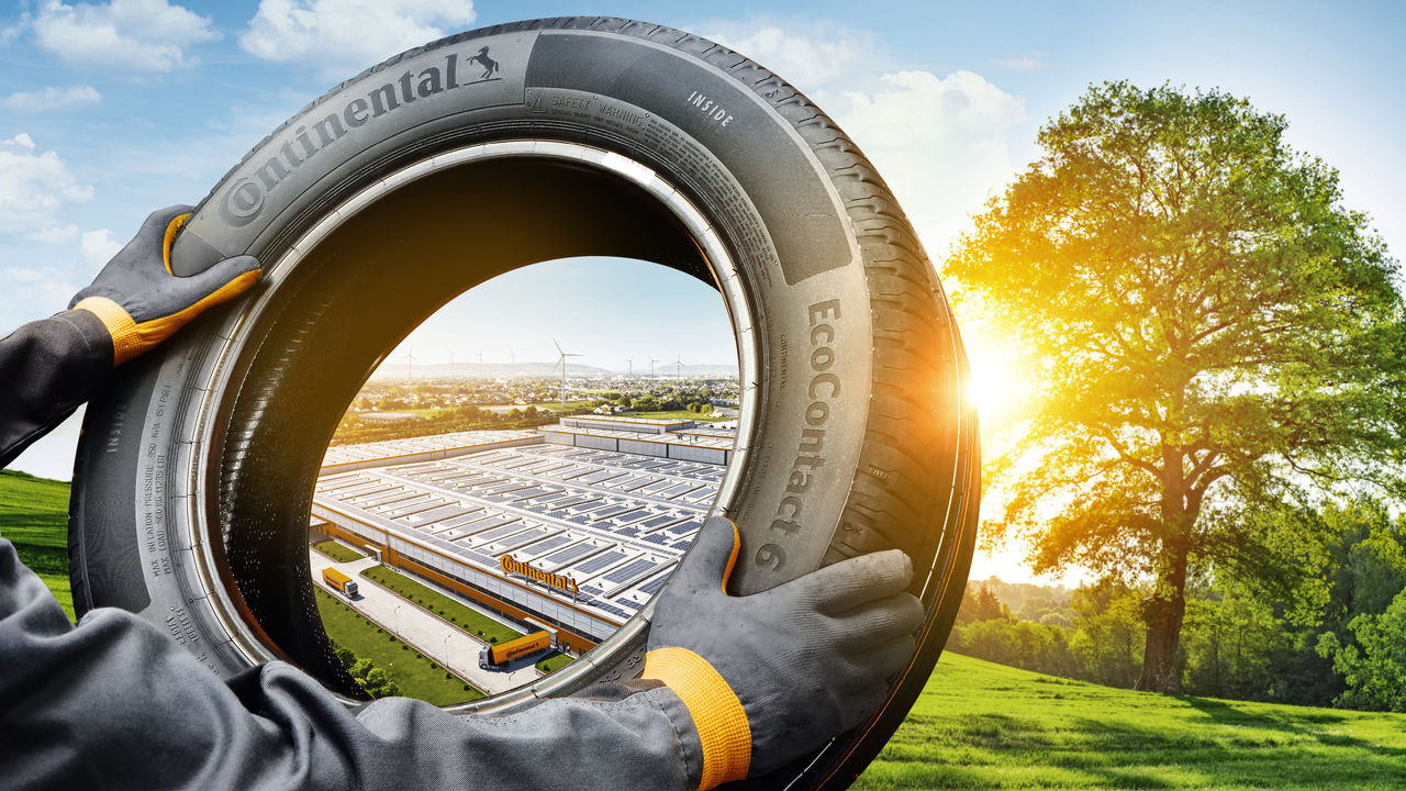 Collage with a tire held by two hands in front of a Continental plant and a green landscape 