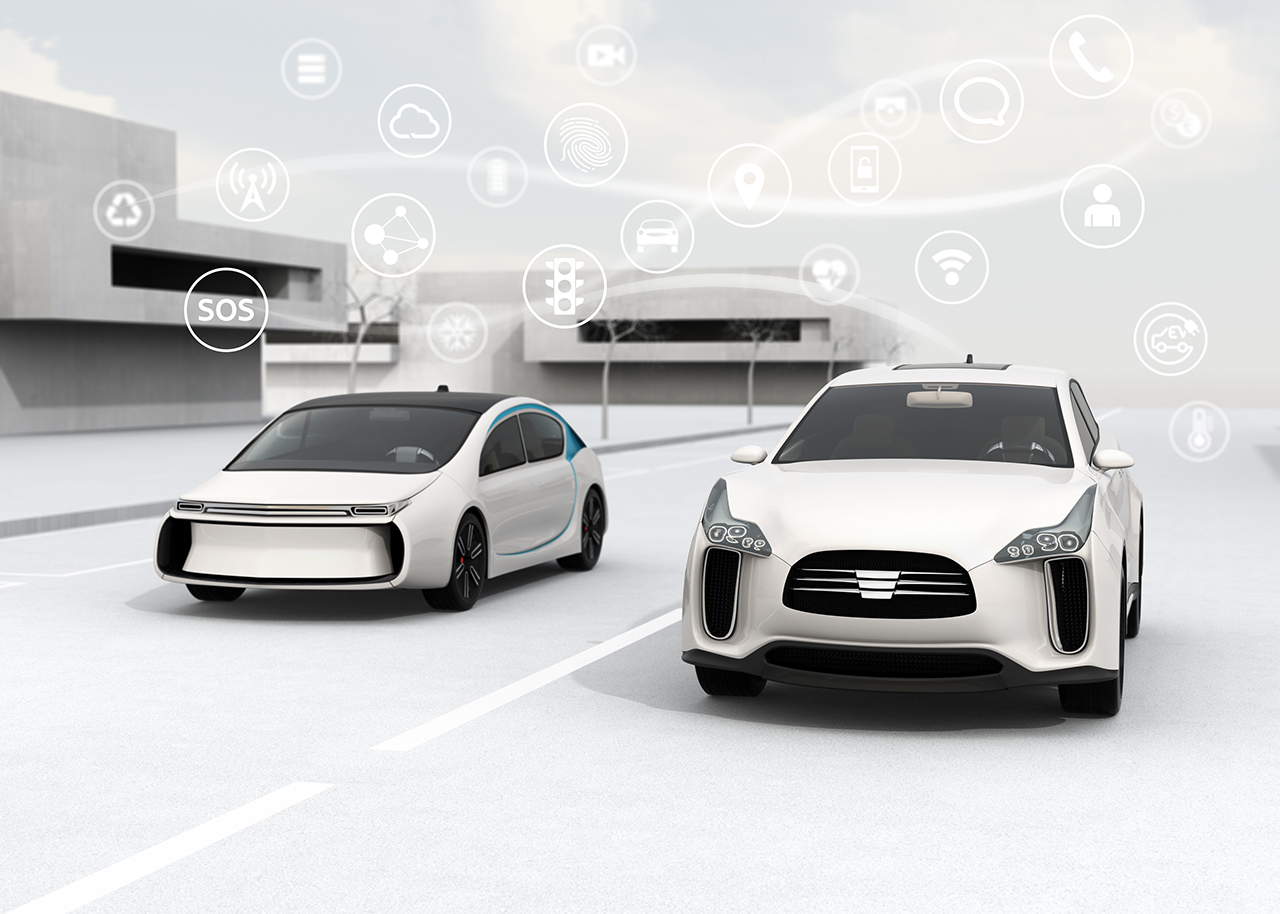 Connected cars and autonomous cars concept. 3D rendering image.